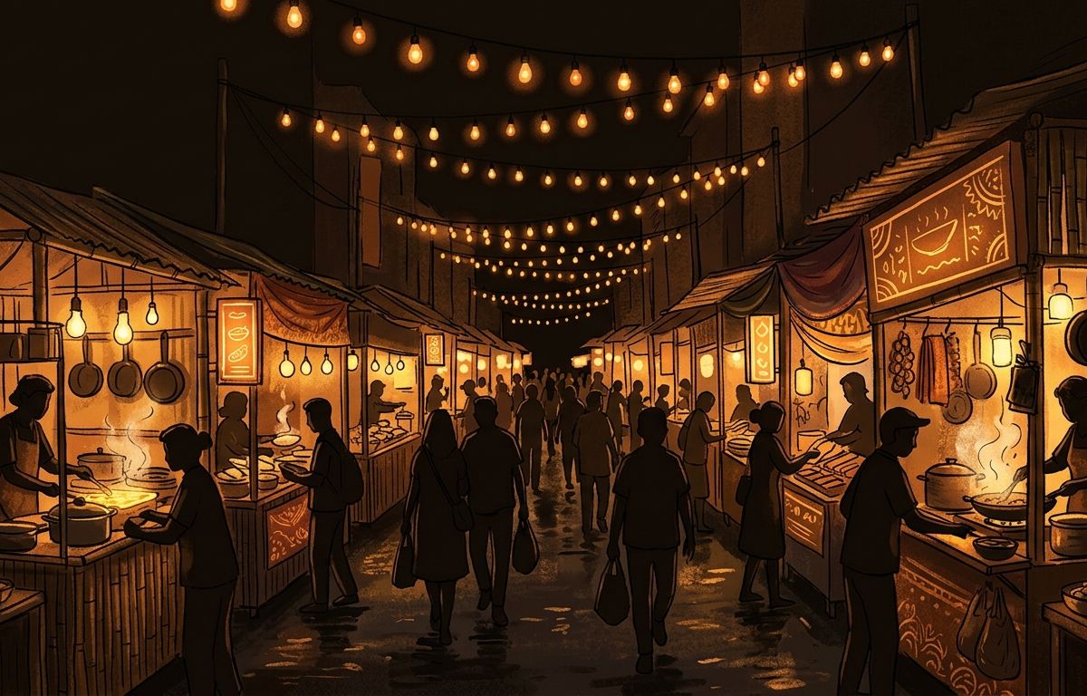 Lorong pasar malam dengan deretan lapak dan lampu hangat di kedua sisi jalan
